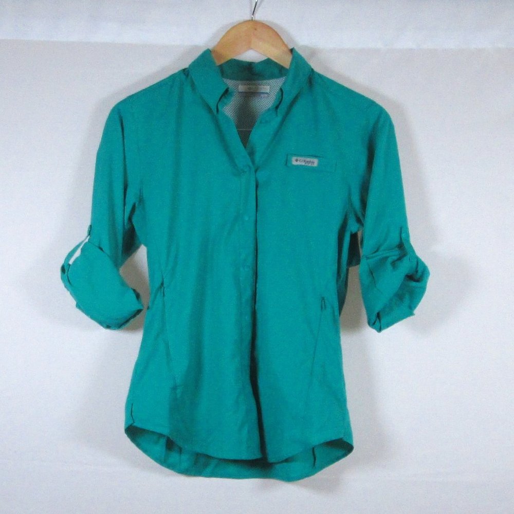 Columbia Womens PFG Sun Protection Green Pleated Long Sleeve Shirt Size … - Picture 3 of 10